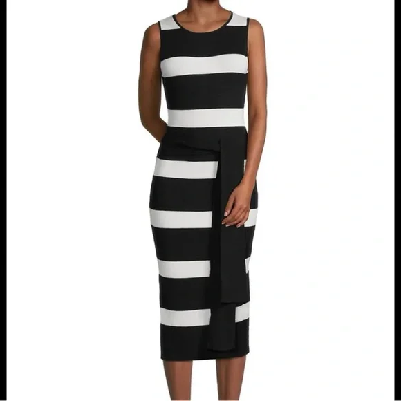 Toccin Bernadet Black/White Belted Striped Knit Midi-Dress Saks Fifth Avenue, L